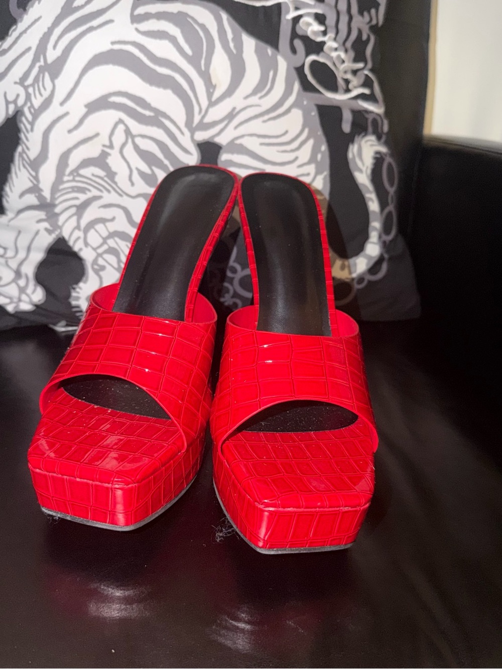 Red Croc-Embossed Platform Slide Sandals - Women